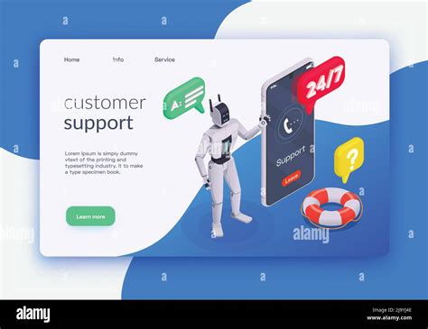 customer service isometric landing page  customer support headline  green button learn