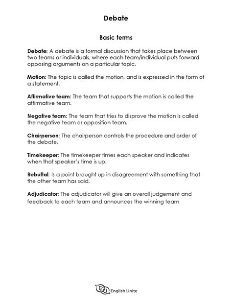 english unite debate format  planning worksheets