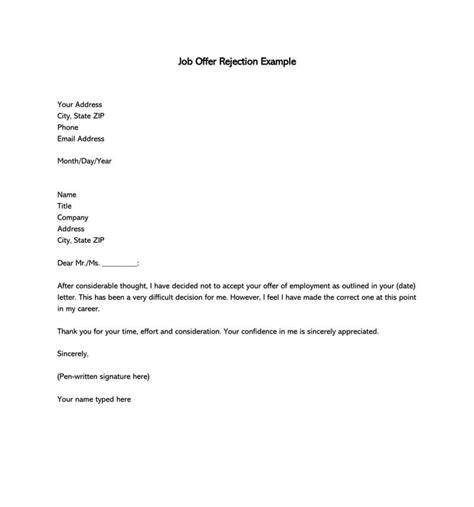 formal rejection letter  decline job offer email examples