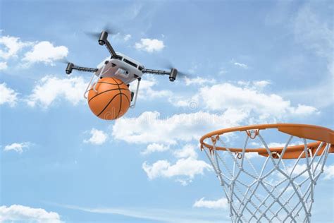 rendering  white drone carrying orange basketball ball  hoop  blue sky background