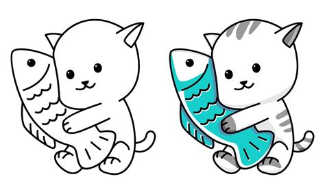 premium vector cute cat  fish coloring page  kids
