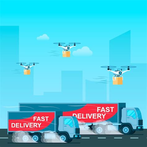 premium vector fast delivery truck drone flying  package