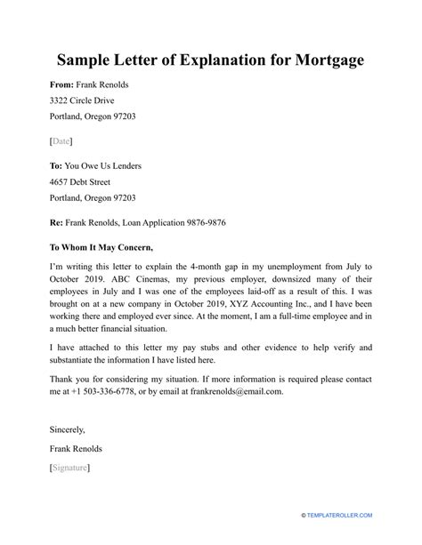 sample letter  explanation  mortgage  printable