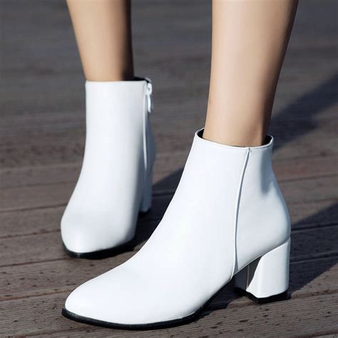 white ankle boots  women chunky boots high heel autumn winter pointed toe booties woman