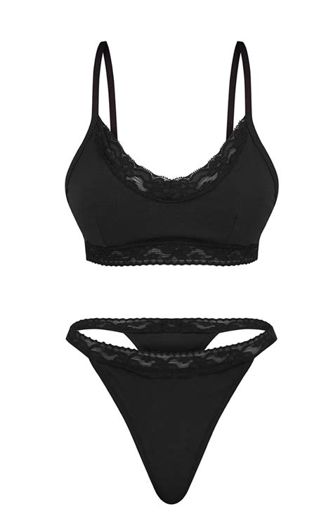 black lace detail basic bra and thong set prettylittlething
