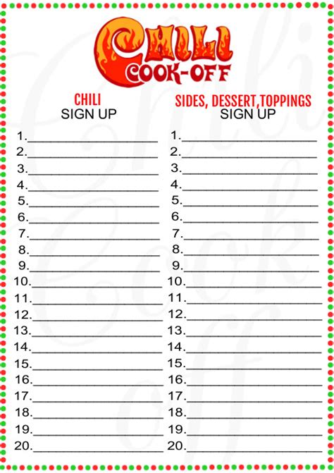 chili cook  signup list template postermywall