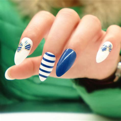hot  stks stiletto nagels voor koop blauw witte streep cover kunstnagels cusp nail art tips