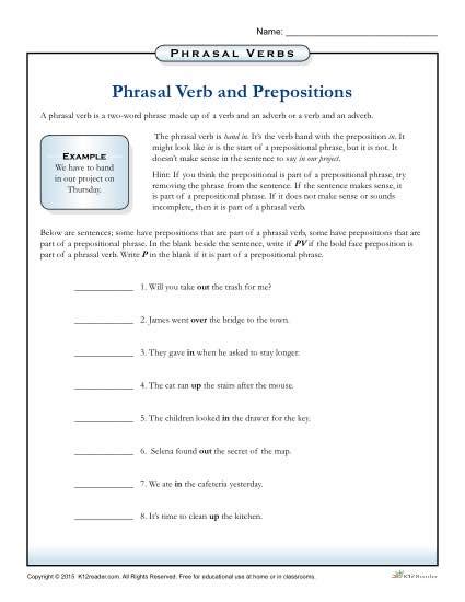 phrasal verbs  prepositions worksheet    grade