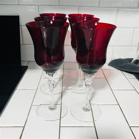 vintage set of 6 water goblets wine glasses red with clear stems fine