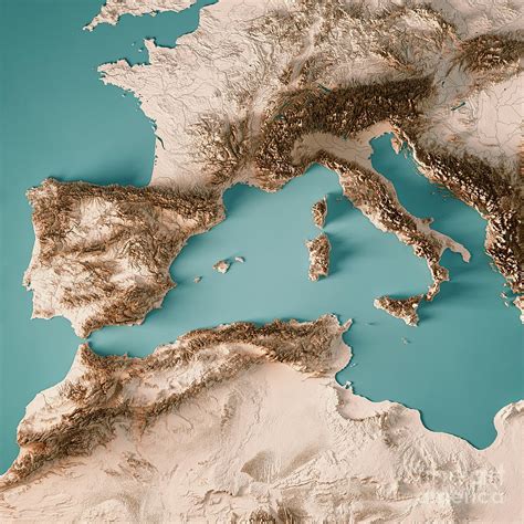 west mediterranean sea  render topographic map neutral digital art
