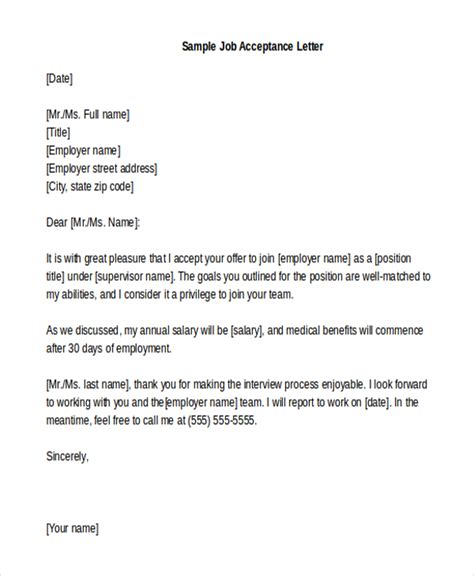 sample job acceptance letters   ms word