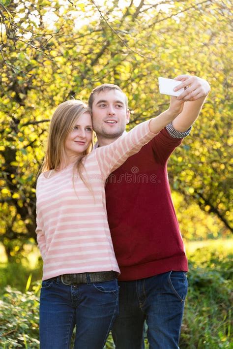 Young Couple In Love Outdoor Taking Selfie Stock Image Image Of