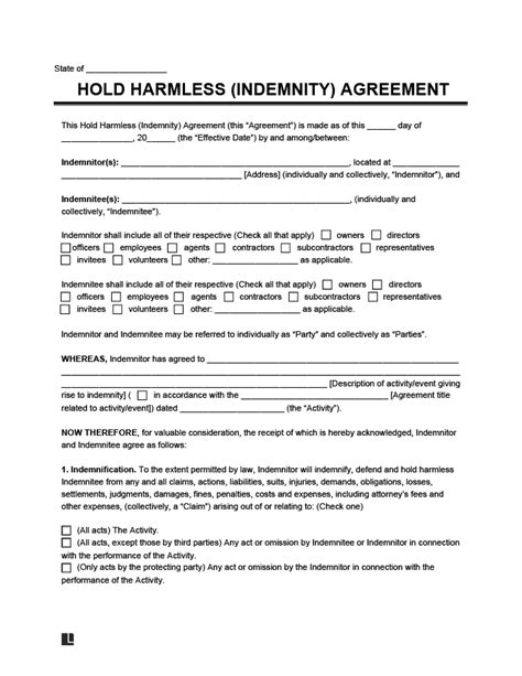 hold harmless indemnity agreement  word