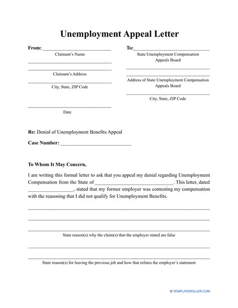 unemployment appeal letter template  printable  templateroller