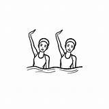 Synchronized Swimming Hand Vector Diving Illustrations Doodle Drawn Outline Icon Clip Swimmers Paired Teamwork Pool Performance Concept Female Stock Infographics sketch template