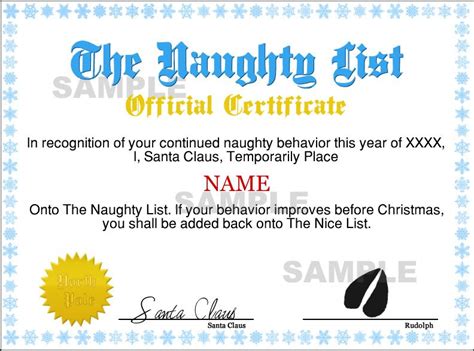 santa naughty list certificates instant naughty certificate blue