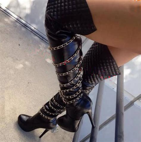 black leather high heel  toe chains designer botas platform overknee boots thigh high long