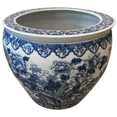 large blue  white chinese ceramic planter jardinaire  stdibs large blue  white
