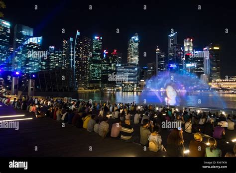 water projection show  audience  marina bay singapore stock photo alamy