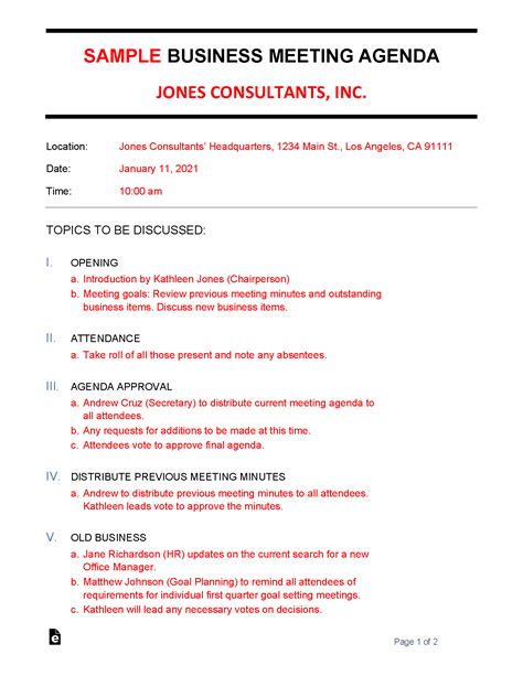 business meeting agenda template sample  word eforms