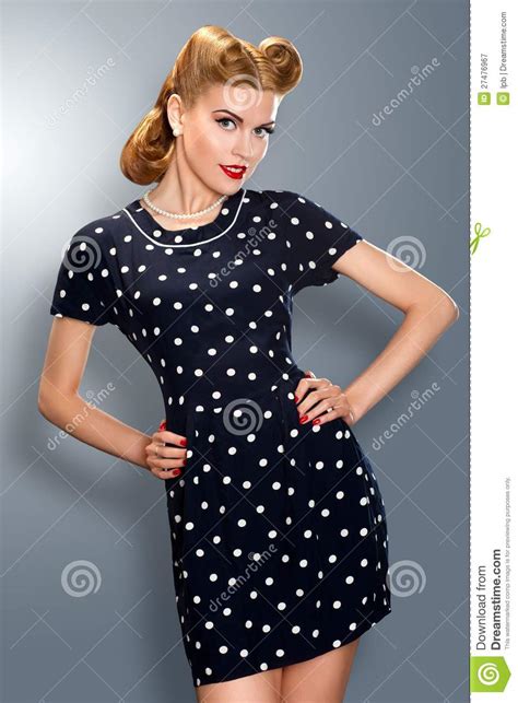 Pin Up Girl In Retro Vintage Dress Posing Stock Image Image Of