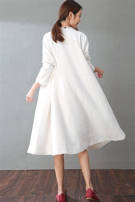 Spring White Casual Cotton Linen Dresses Long Sleeve Shirt