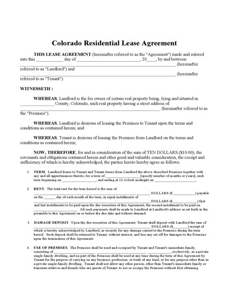 colorado rent  lease template  templates   word excel