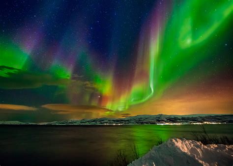 multi colored aurora borealis   starry night sky  tromso