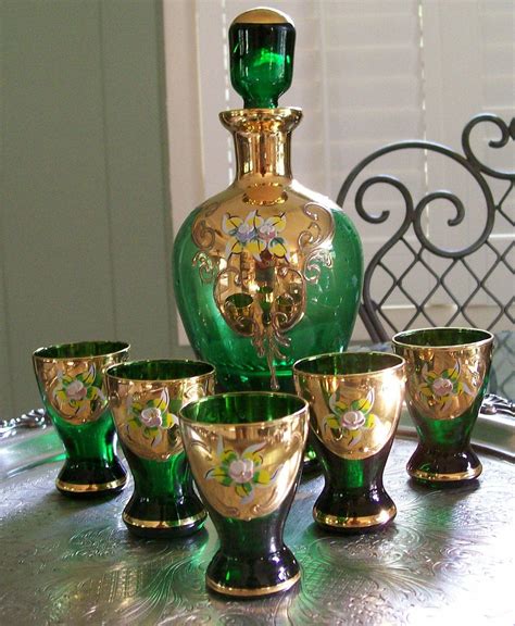 Vintage Czech Bohemian Handpainted Emerald Green Glass Decanter Cordial