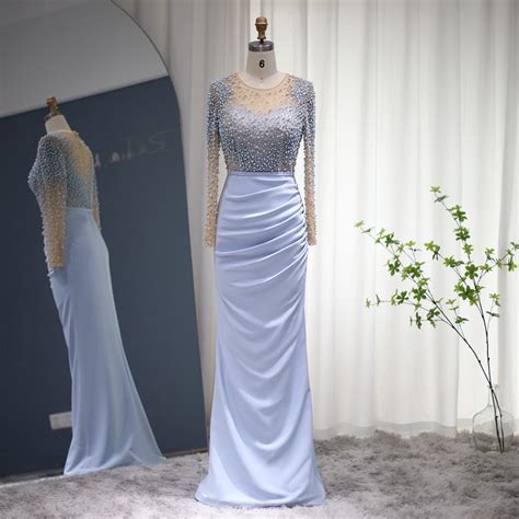 sharon  blue mermaid arabic evening dresses dubai luxury pearls crystal long sleeves muslim