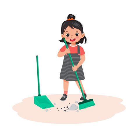 cute  girl sweeping  floor  broom  scoop  living room