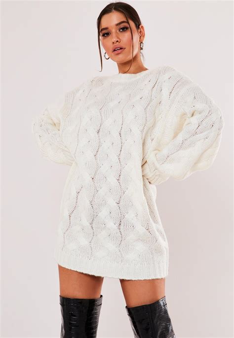 White Crew Neck Cable Knit Jumper Dress Missguided