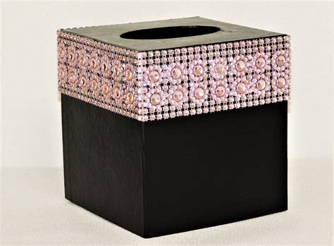 light pink bling border  black square paper mache tissue box etsy pink bling tissue box