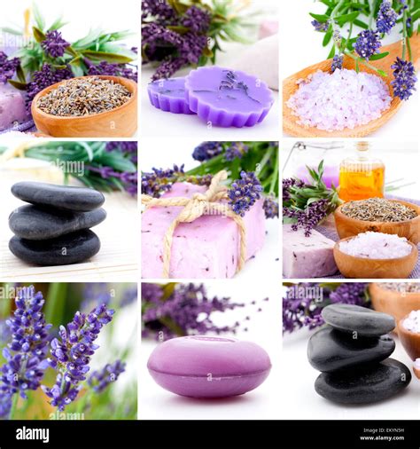 lavender collage    spa stones stock photo alamy
