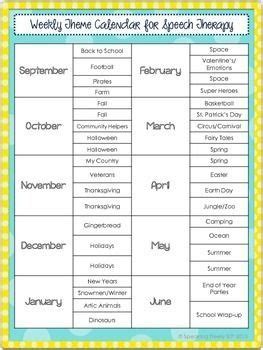 weekly themed calendar  speech therapy speech therapy themes