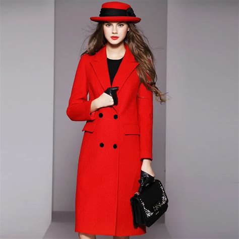 arrival autumn  winter red wool overcoat long design slim red woolen women coat women
