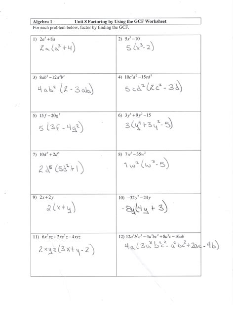 factoring gcf worksheet  answers math