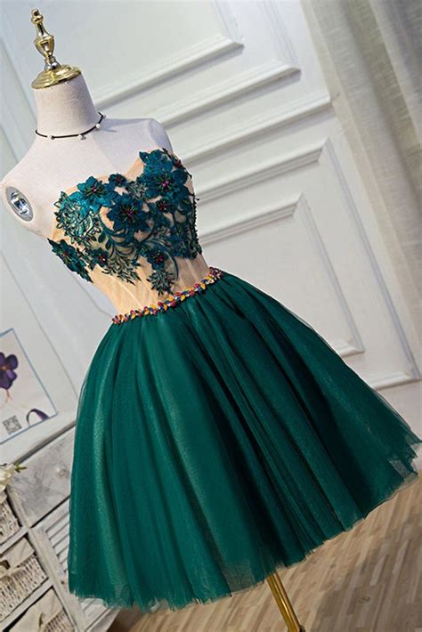 Deep Green Tulle Sweetheart Neckline Short Party Dress With Appliqués
