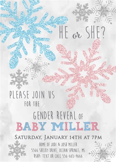 Winter Gender Reveal Invitation Snowflake Gender Reveal He Etsy