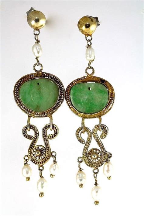 vintage chinese export carved green jadeite bead pearl earrings
