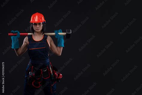 Sex Equality And Feminism Sexy Girl In Safety Helmet Holding Hammer