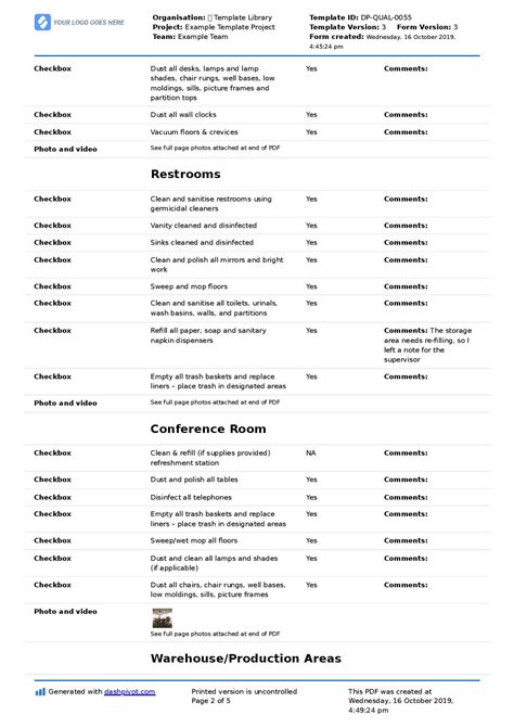 commercial cleaning checklist template  editable checklist