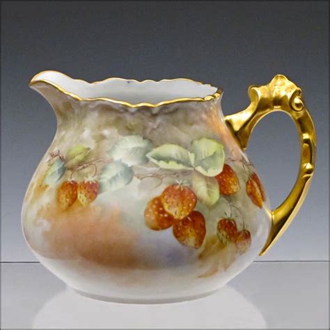 antique porcelain pitcher  signed strawberry painting  gilded