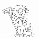 Mop Coloring Cartoon Girl Outline Bucket Chores Vector Doing Kids Housework Clip Kid Drawing Floors Book Washing Sheets Pages Template sketch template