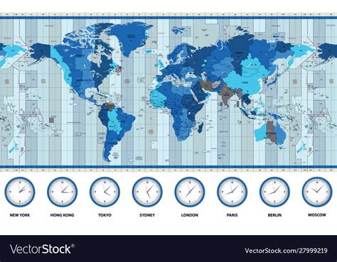 Map World Standard Time Zones In Blue Royalty Free Vector