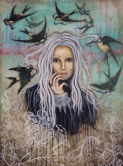 Original Mixed Media Art Surreal Painting Woman Bird Folk Fantasy Mind