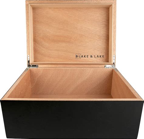 blake lake large wooden box  hinged lid wood storage box  lid black stash box