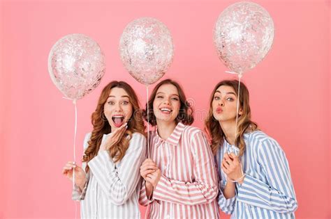 Adorable Teenage Girls 20s In Colorful Striped Pajamas