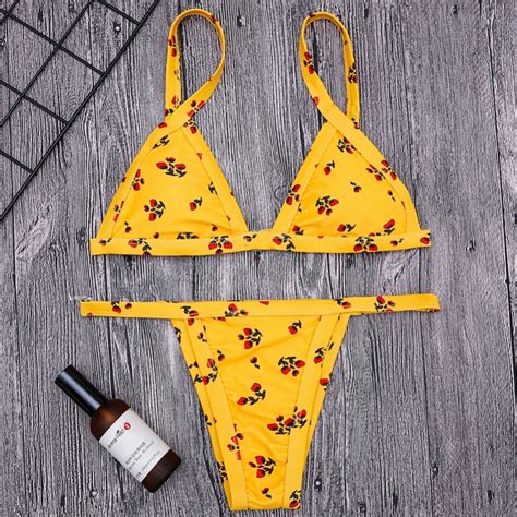 women girls yellow printed nylon triangle bikini low waist split sexy