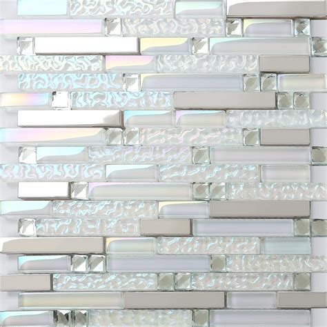 Glass And Metal Linear Wall Tile Iridescent White And Silver Backsplash